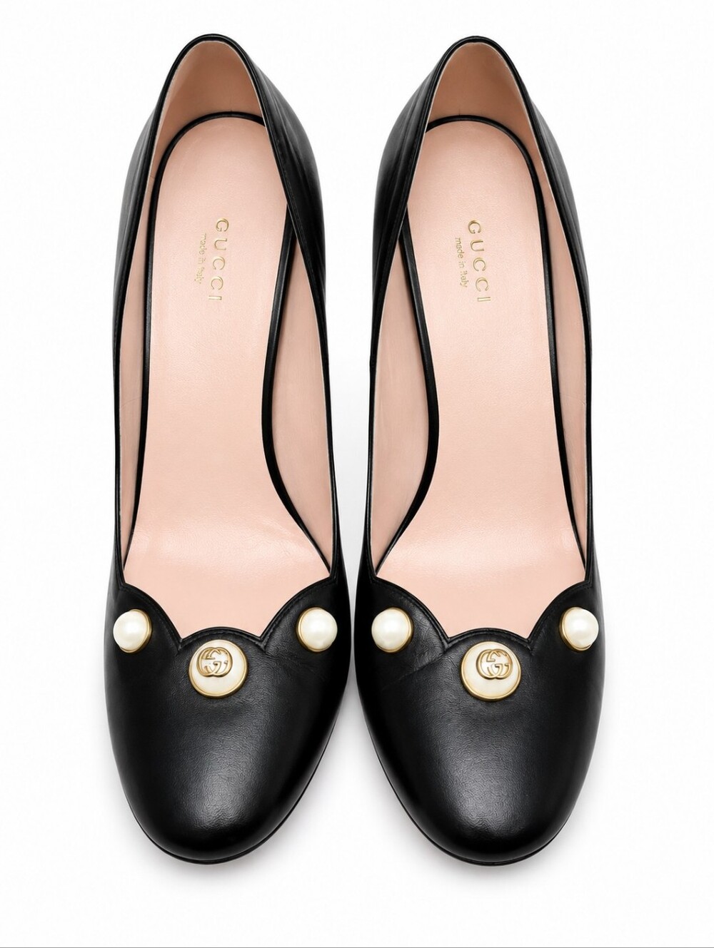 GUCCI Black Leather Pearl Embellished Scallop Pumps Heels Gold GG Logo EU 40 - Picture 3 of 14